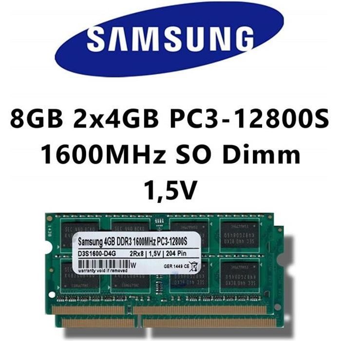 Samsung 8 GB (2 x 4 GB dubbelkanal 1600 MHz) - (PC3 12800S DDR3 SO-DIMM för bärbar dator och notebook, 1 RAM-minne)