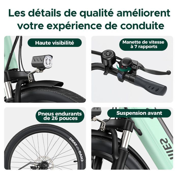 Bicicleta elétrica (bicicleta híbrida) - HILLMILES - Milecity 1 - Motor de 250W - Bateria removível de 36V 13Ah - Autonomia de 100km