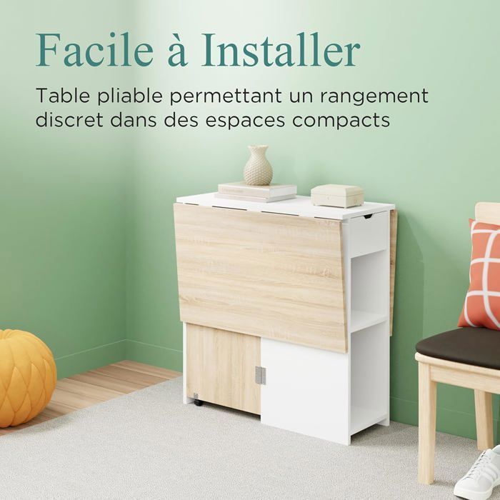CASABEL – Mesa de comedor plegable, centro blanco y tablero de madera clara, para 2-4 personas – Ahorra espacio en la cocina y el comedor.