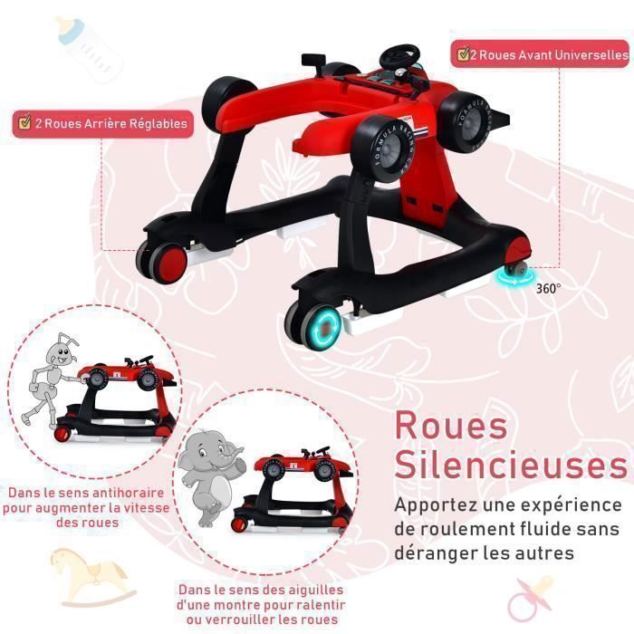 Girello pieghevole 4 in 1 COSTWAY - Altezza e velocità regolabili - Carillon con luce - 6-18 mesi - Ruote silenziose - Rosso