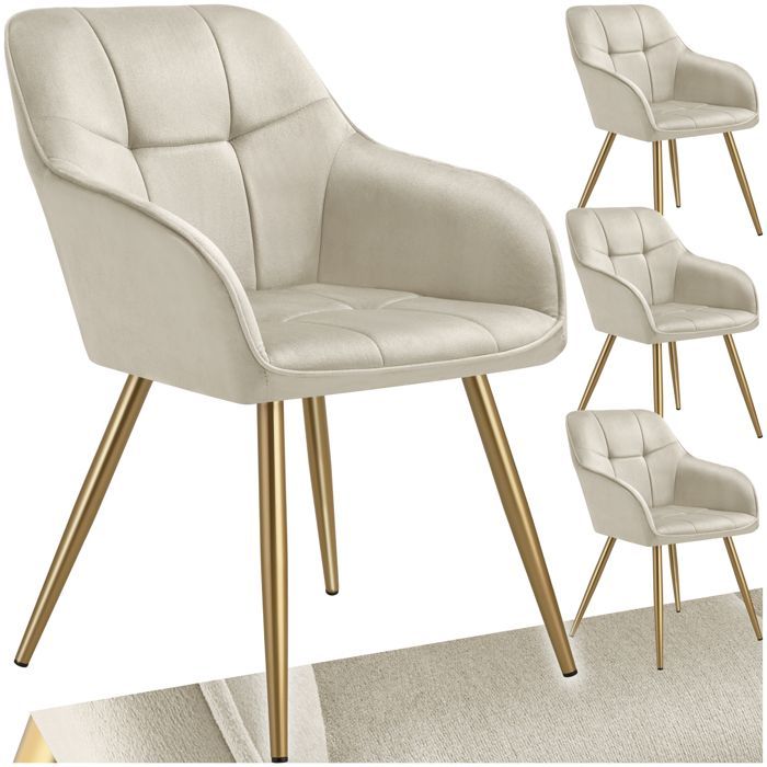 Cadeiras - TECTAKE - Conjunto de 4 cadeiras de jantar MARYLIN em veludo com pés em aço dourado - Creme/Dourado