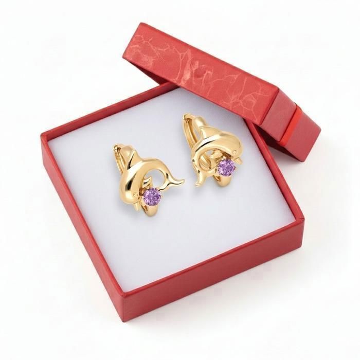 Pendientes de aro - Delfín - Circonita - Lavanda - Chapado en oro amarillo de 18k - 14 mm - Mujer/Niña