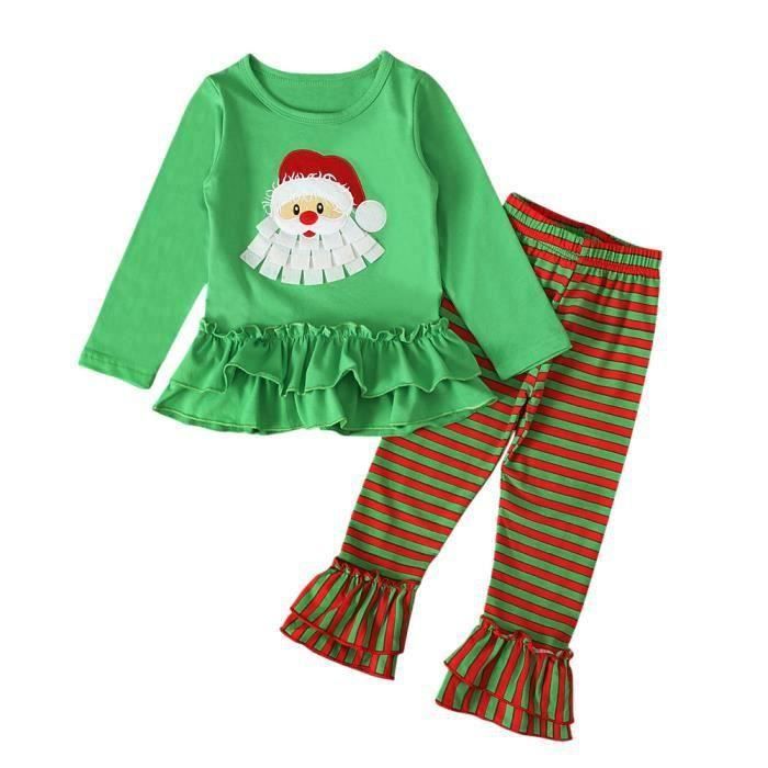 FUNMOON Fille Bébé Combinaison Haut Vert Manche Longue + Pantalon Évasé  Raies 0-4 Ans Ensemble De Vêtement Noël Pour Enfant - Vert
