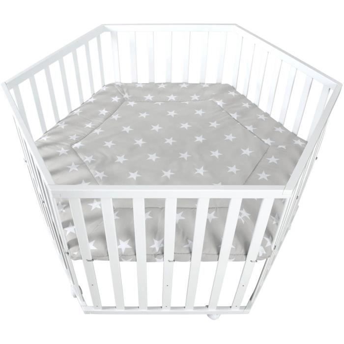 Parque infantil hexagonal - ROBA - LITTLE STARS - Altura regulable - Funda acolchada - Ruedas con freno - Madera lacada en blanco - Diseño de estrellas
