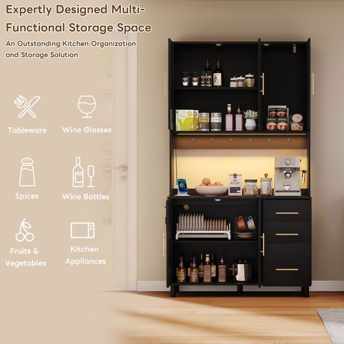 Credenza da cucina in vimini da 183 cm con illuminazione LED multicolore e porta USB, 3 cassetti, 5 ante e ripiani regolabili, colore nero.