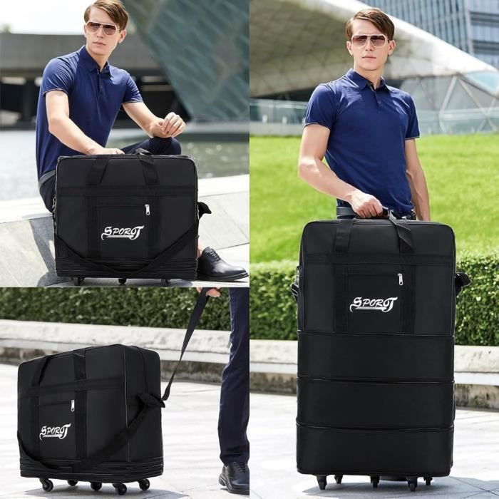 Sac de Sport - Extensible Pliable Duffle Bag avec Roues Rotatives à 360 ° Sac de Voyage Pliable à Trois Couches