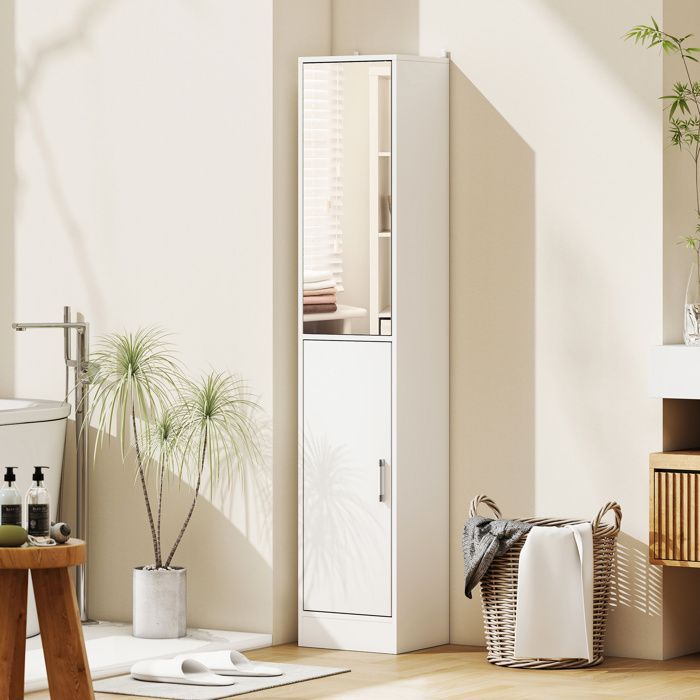 Meuble colonne salle de bain - kleankin - 6 niveaux - porte miroir, étagères réglables - panneau de particules - 32x28x162cm - blanc