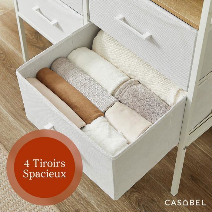 CASABEL Penderie vêtements, meuble avec 4 tiroirs de rangement, Porte Manteau, Dressing, Penderie, bois & métal blanc, 80×40×167 cm