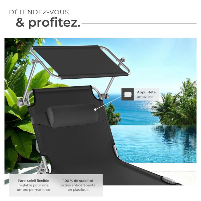 Bains de soleil - TECTAKE - Lot de 2 chaises longues transats CHLOE pliable 4 positions avec appui-tête - Noir
