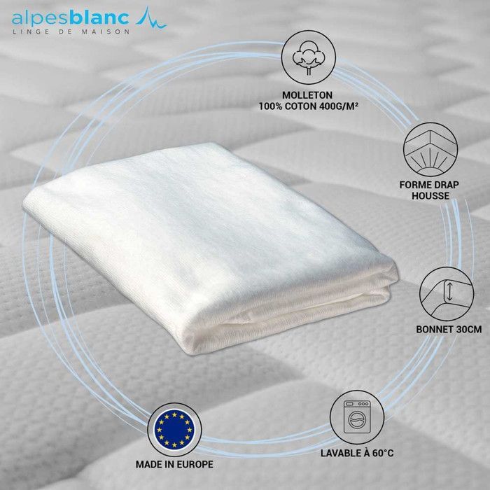 ALPES BLANC - Protector de colchón 140x190 cm - 100% algodón 400 g/m² - Suave y transpirable - Bolsillos de 30 cm de profundidad para un ajuste perfecto