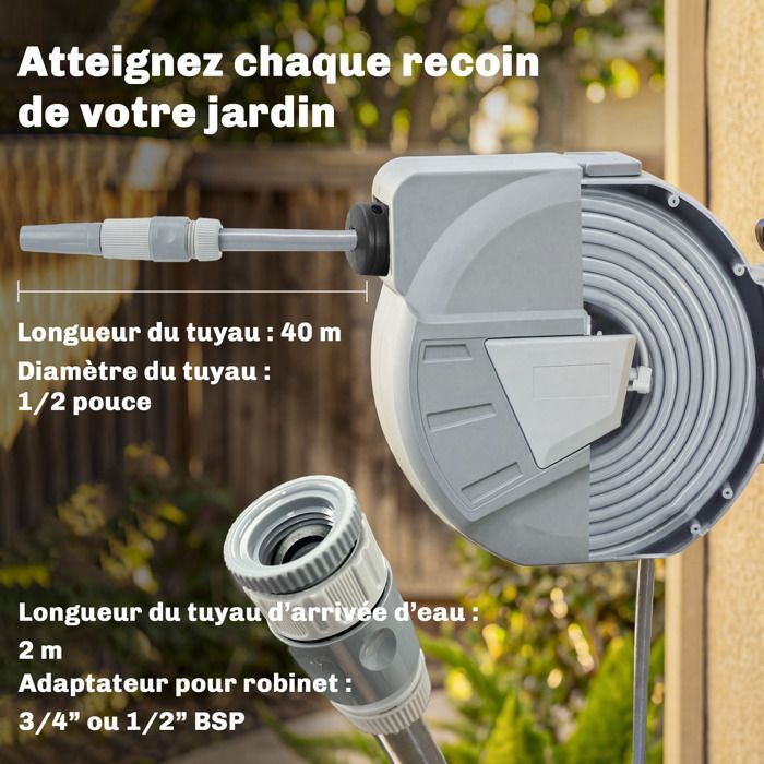 Enrollador de manguera de pared - Outsunny - 40+2 m x Ø 15 mm - Retráctil automático, giro de 180° - Plástico - Gris