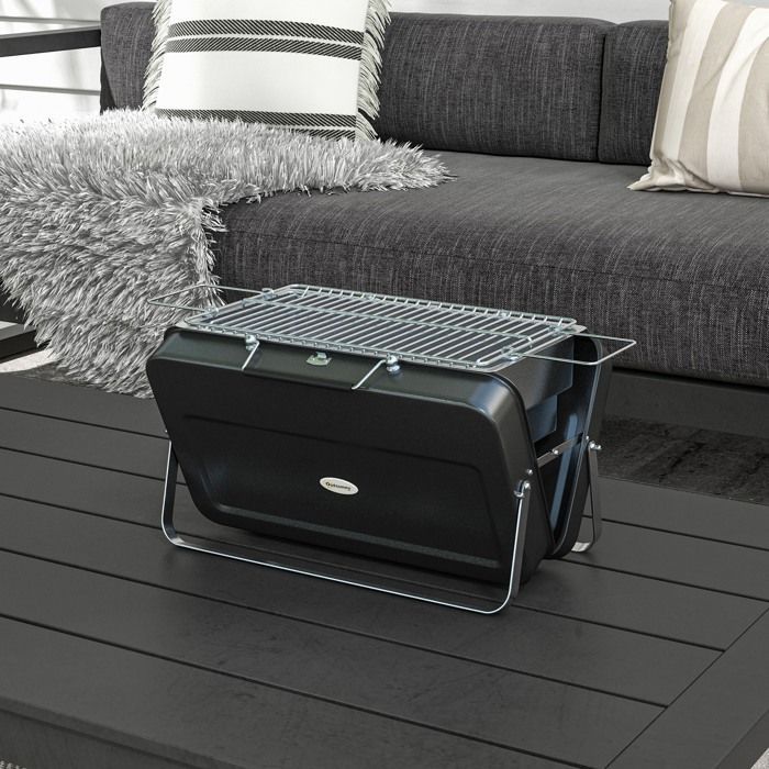 Mini churrasqueira a carvão - Outsunny - portátil, dobrável - com estojo - para jardim e camping - 47 x 30 x 28 cm - preta
