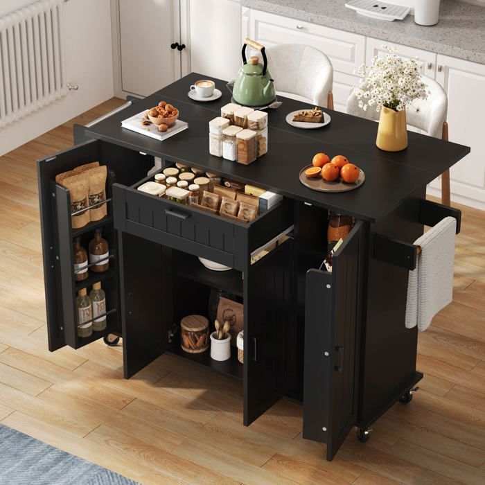 Îlot de Cuisine avec Rangement Intégré,Plan de Travail Extensible,4 Portes 1 Tiroir, Roulettes avec Freins,120x45(70)x95cm,Noir
