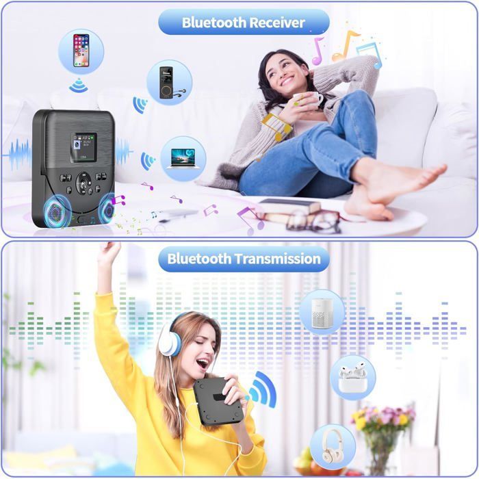 Lecteur CD Portable, Lecteur CD Bluetooth avec Haut-parleurs/écouteurs/écran, Rechargeable Player Voiture avec émetteur FMx, Noir