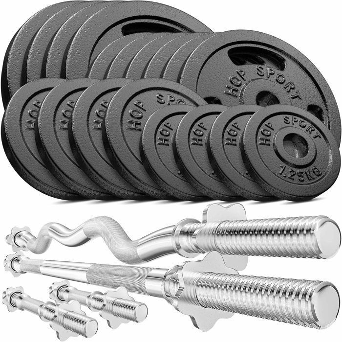 Hop-Sport 106 kg gietijzeren halterset met twee korte stangen, een lange stang, een SZ-curlstang en gewichtsschijven.