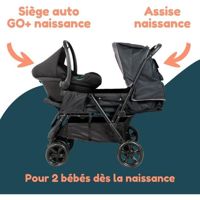 Passeggino doppio BAMBISL - Combinazione passeggino doppio + seggiolino auto i-Size - 4 ruote - Nero