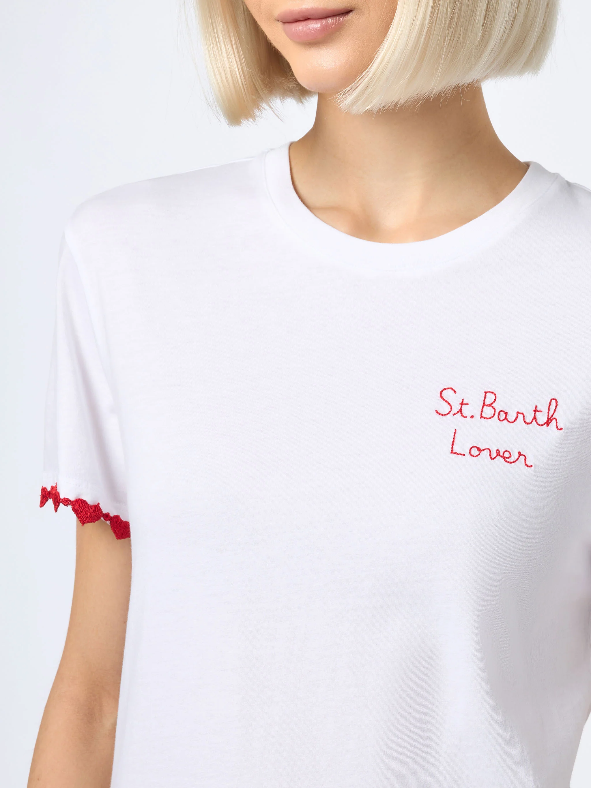Emilie dames T-shirt met ronde hals van katoenen jersey met Stres-borduurwerk.