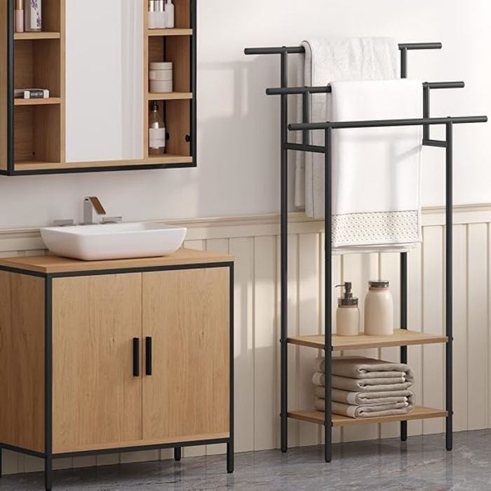 Muebles de baño EUGAD - Toallero independiente de 3 niveles - 68x28x117cm - Negro+Roble claro