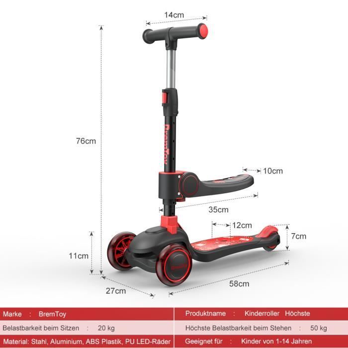 BremToy Kids Scooter with 360° Swivel Seat, LED Wheels, Height-Adjustable Handlebar, Foldable for Children, Red