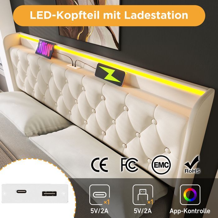 Cama LINKHOO, función LED envolvente de 360°, 140 x 200 cm, con función de carga USB tipo C (colchón no incluido).