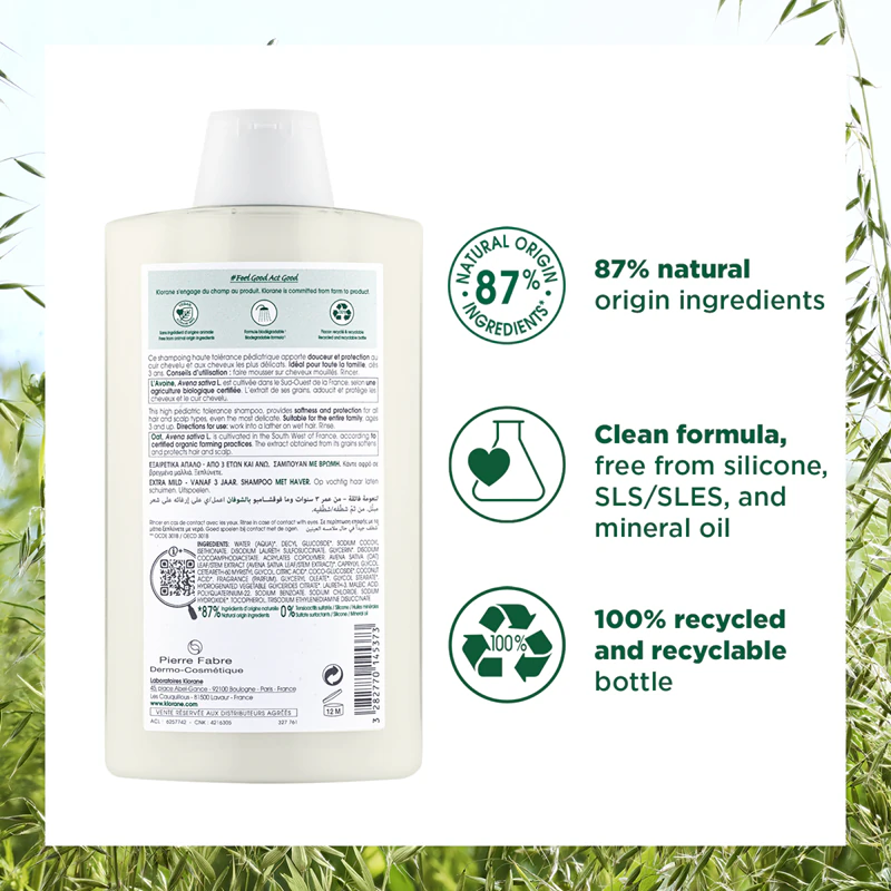 Shampoo suave de aveia Klorane para todos os tipos de cabelo.