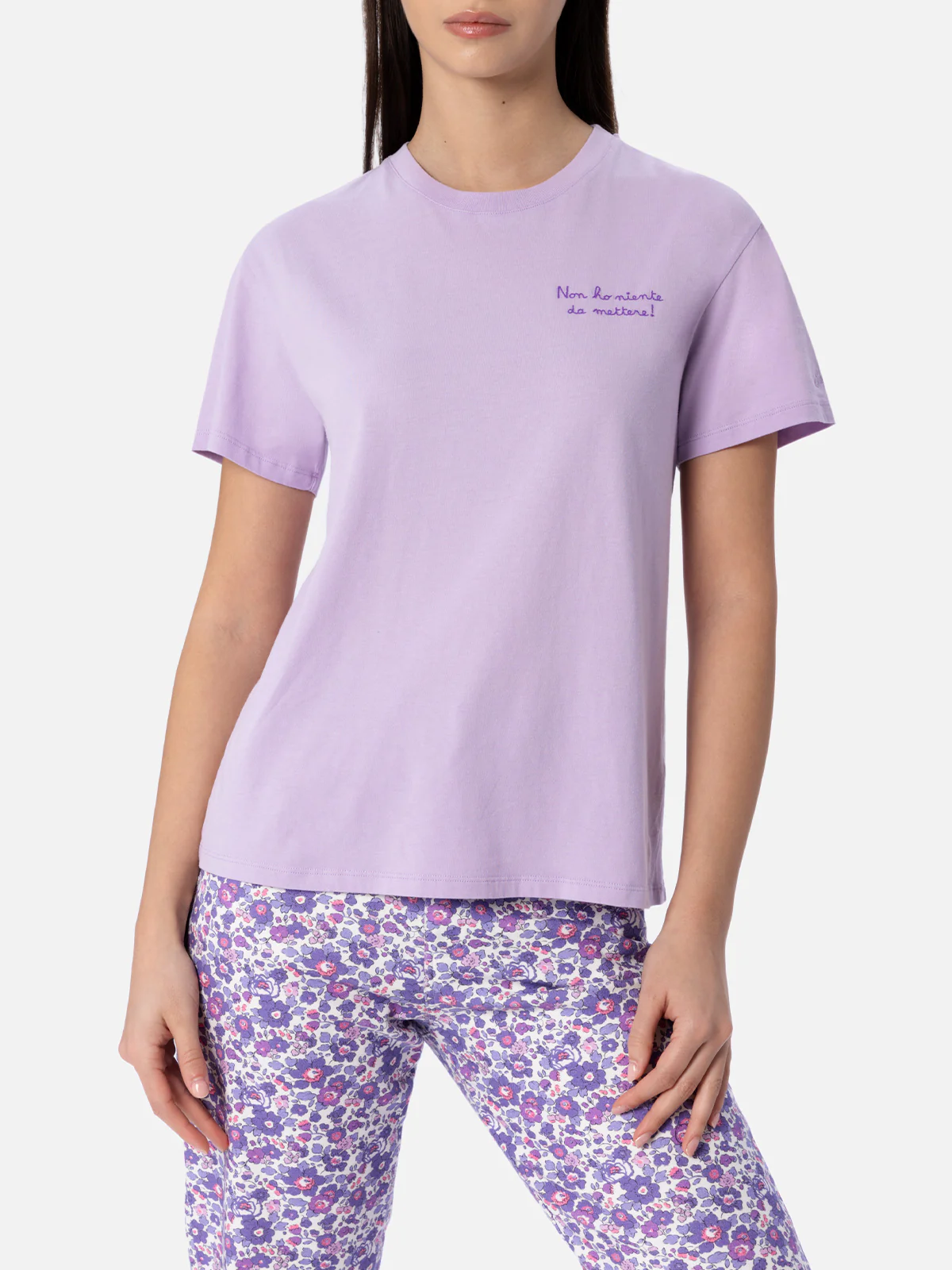 Emilie dames T-shirt met ronde hals, lila katoenjersey, met borduurwerk