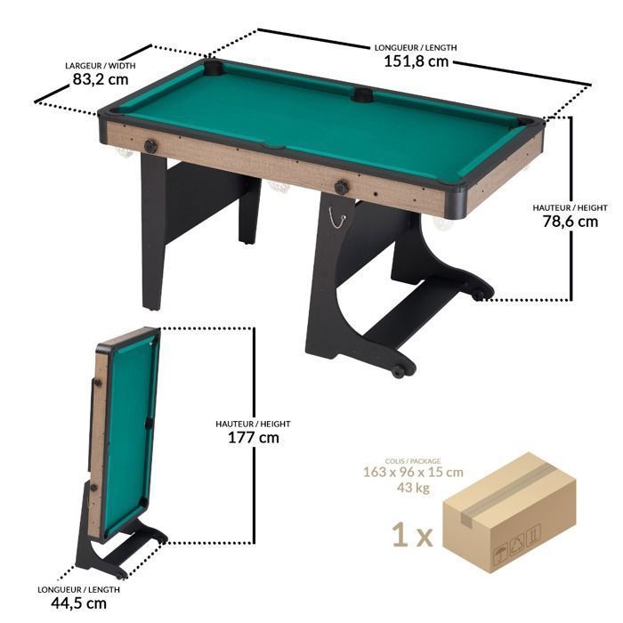 KANGUI Taittuva amerikkalainen biljardipöytä, englanninvihreä | 151,8 x 83,2 x 78,6 cm | 2 pelaajaa