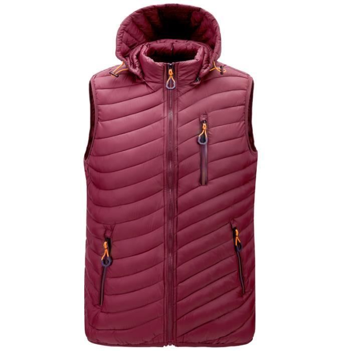 Chaqueta acolchada para hombre, sin mangas, con capucha extraíble con cremallera, chaqueta de plumas cálida con capucha para otoño e invierno - Roja