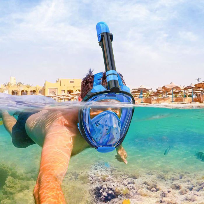 Bleu Noir Masque de Plongée Intégral 180° avec Support Caméra de Sport,Anti-buée Masque Snorkeling pour Adultes/Enfants(S/M)