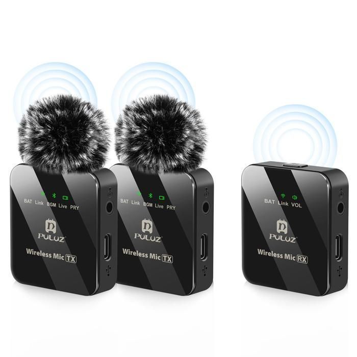Micrófono de solapa inalámbrico con 2 transmisores y 1 receptor, Bluetooth 2.4G, negro.