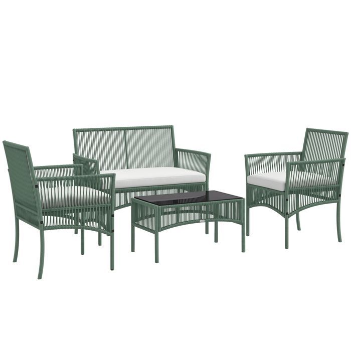 Conjunto de muebles de jardín Outsunny de 4 piezas: sofá de 2 plazas + 2 sillones + 1 mesa de centro con tablero de cristal templado y 3 cojines.