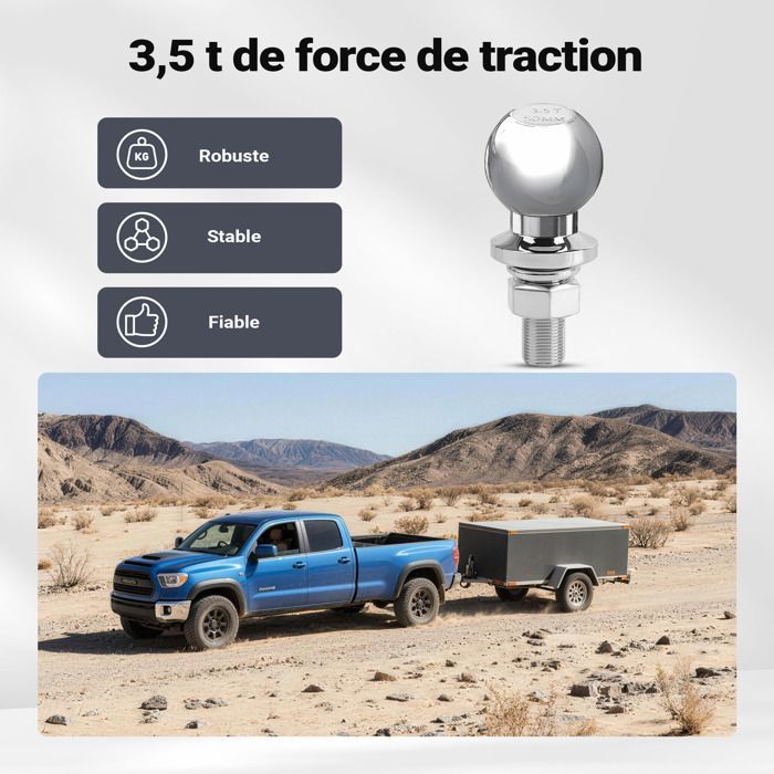Sfera di traino Wiltec da 50 mm 3,5 t in acciaio al carbonio con testa a sfera dritta da 50/22 mm per gancio di traino.