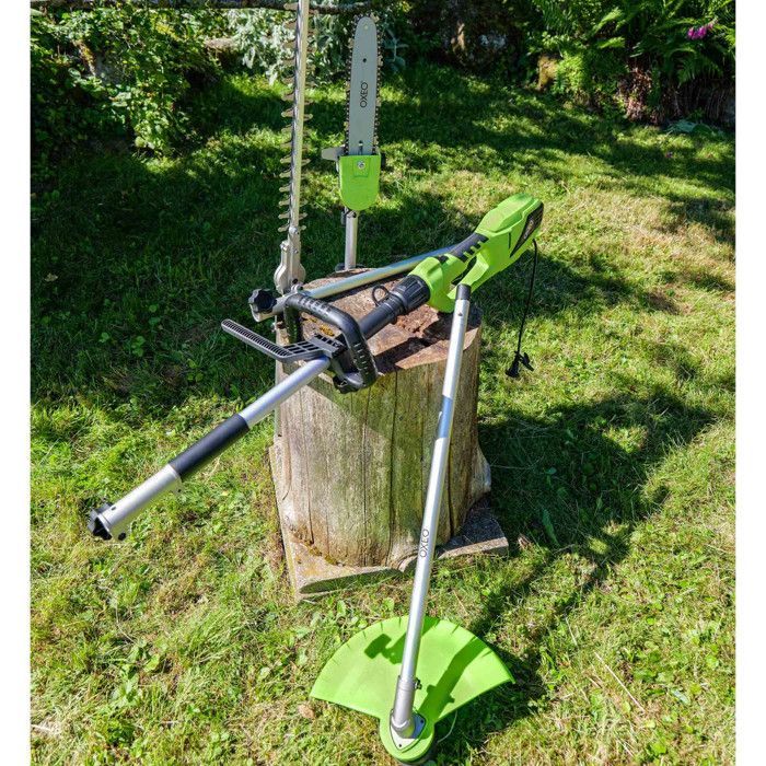Multiherramienta eléctrica de 900 W: cortasetos, podadora, desbrozadora, perfiladora de bordes, extensión de 50 cm y 2 cabezales de corte.