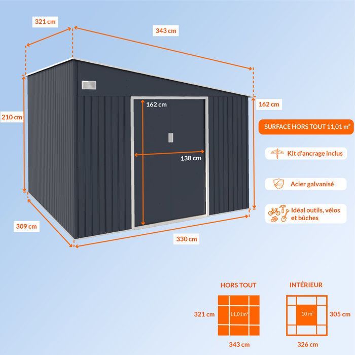 Casetta da giardino in metallo 11,01 m² - 342 x 321 x 162 x 210 cm - ASTRO - Kit di ancoraggio incluso, 2 porte scorrevoli - Grigio