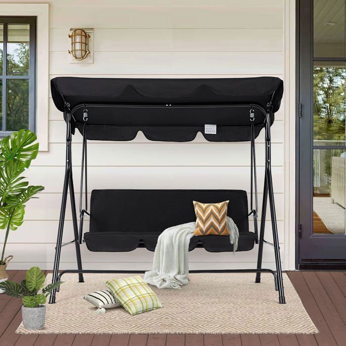Columpio de jardín YODOLLA de 3 plazas - Toldo impermeable ajustable, cojín extraíble, para jardín y patio, 172x112x150 cm, negro