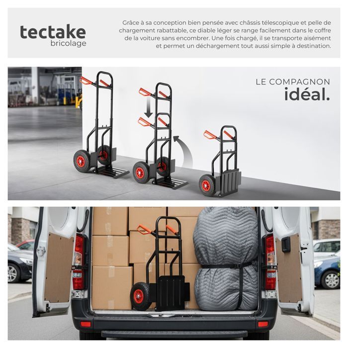 Carretilla de mano - TECTAKE - JURGEN, plegable y regulable en altura, con neumáticos neumáticos, capacidad de carga de 200 kg.