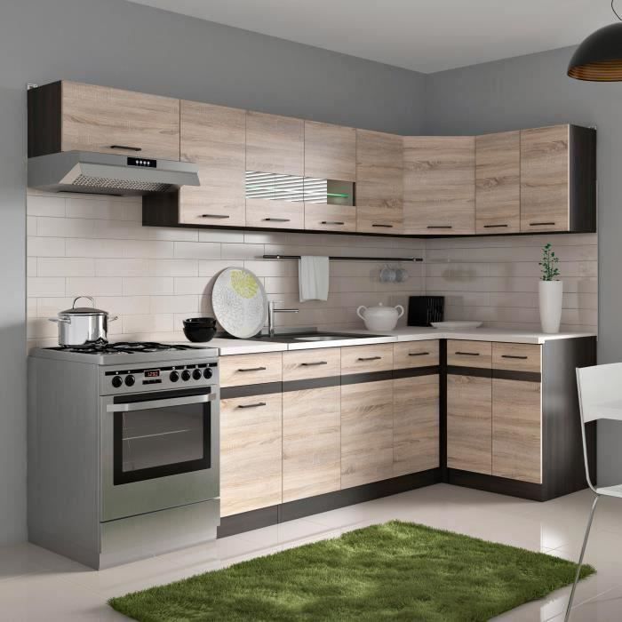 Cocina de esquina completa JUNONA con encimera de 3,40 m de largo - Esquina reversible - Acabado roble Sonoma - Encimera incluida