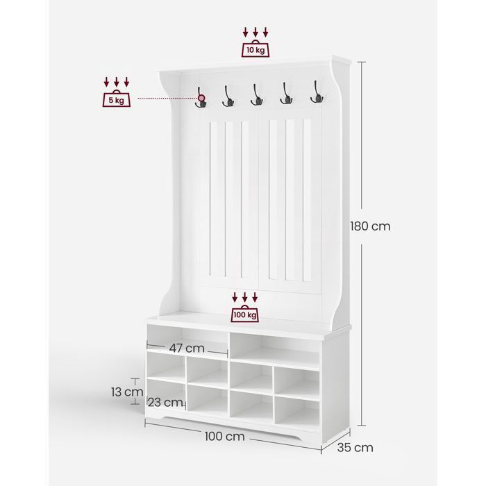 VASAGLE Flurschrank – Eingangsmöbel mit Haken und verstellbarem Einlegeboden – Modern – Weiß