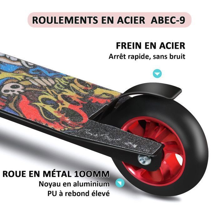 Patinete freestyle con rodamientos ABEC 9 de 100 mm, cuadro de aluminio, patinete recreativo robusto para niños y adolescentes.