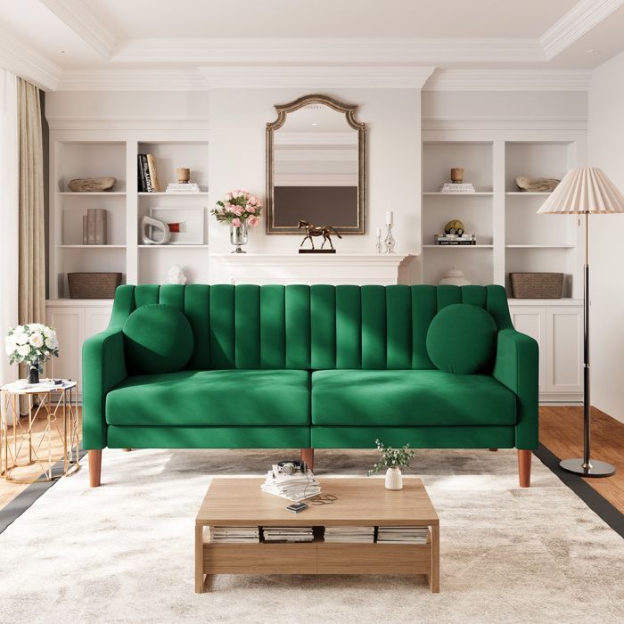 Grand Canapé 3 Places en Velours avec 2 oreillers,Canapé Scandinave pour Salon Chambre Bureau,Pieds Bois Massif,206x74x83cm,Vert