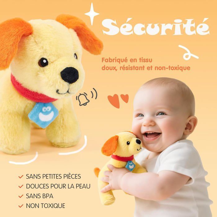 Juguete para bebés de 6 a 12 meses: Set de perro de peluche sensorial - Juguete Montessori para niños con sonajero, sonido crujiente y espejo.