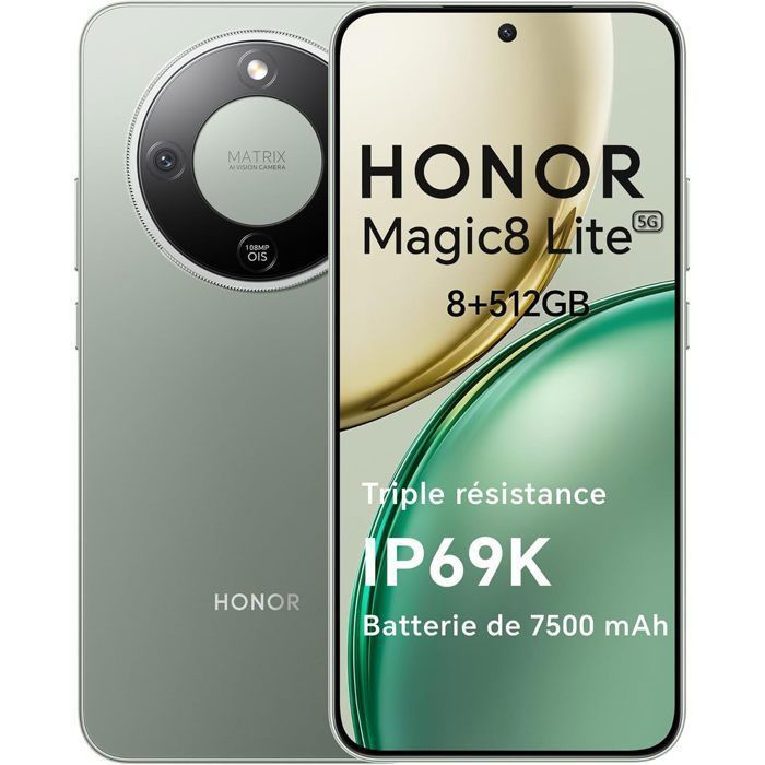 Smartphone 5G - HONOR Magic8 lite - 8 GB de RAM - 512 GB - 7500 mAh - 108 Mpx + OIS - IP68 e IP69K - Verde - Versión UE