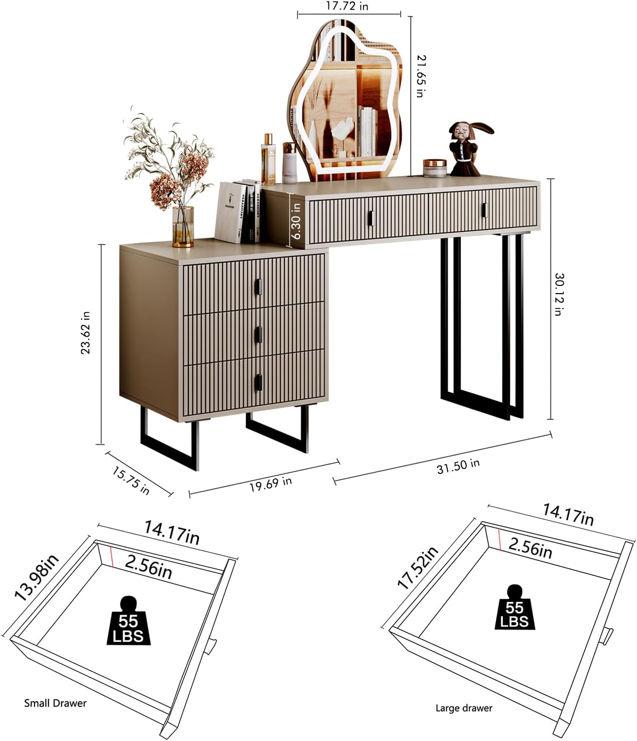 leejdn Commode met dimbare spiegel met 3 kleuren touchscreen, moderne make-upcommode met verstelbare kastjes en 4 schuifladen, geschikt voor de toiletruimte of slaapkamer.