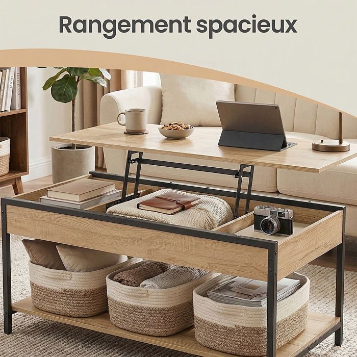 Mesa de centro con tapa elevable, almacenamiento oculto y abierto, mueble de salón, 100 x 50 cm, marrón camel y negro.