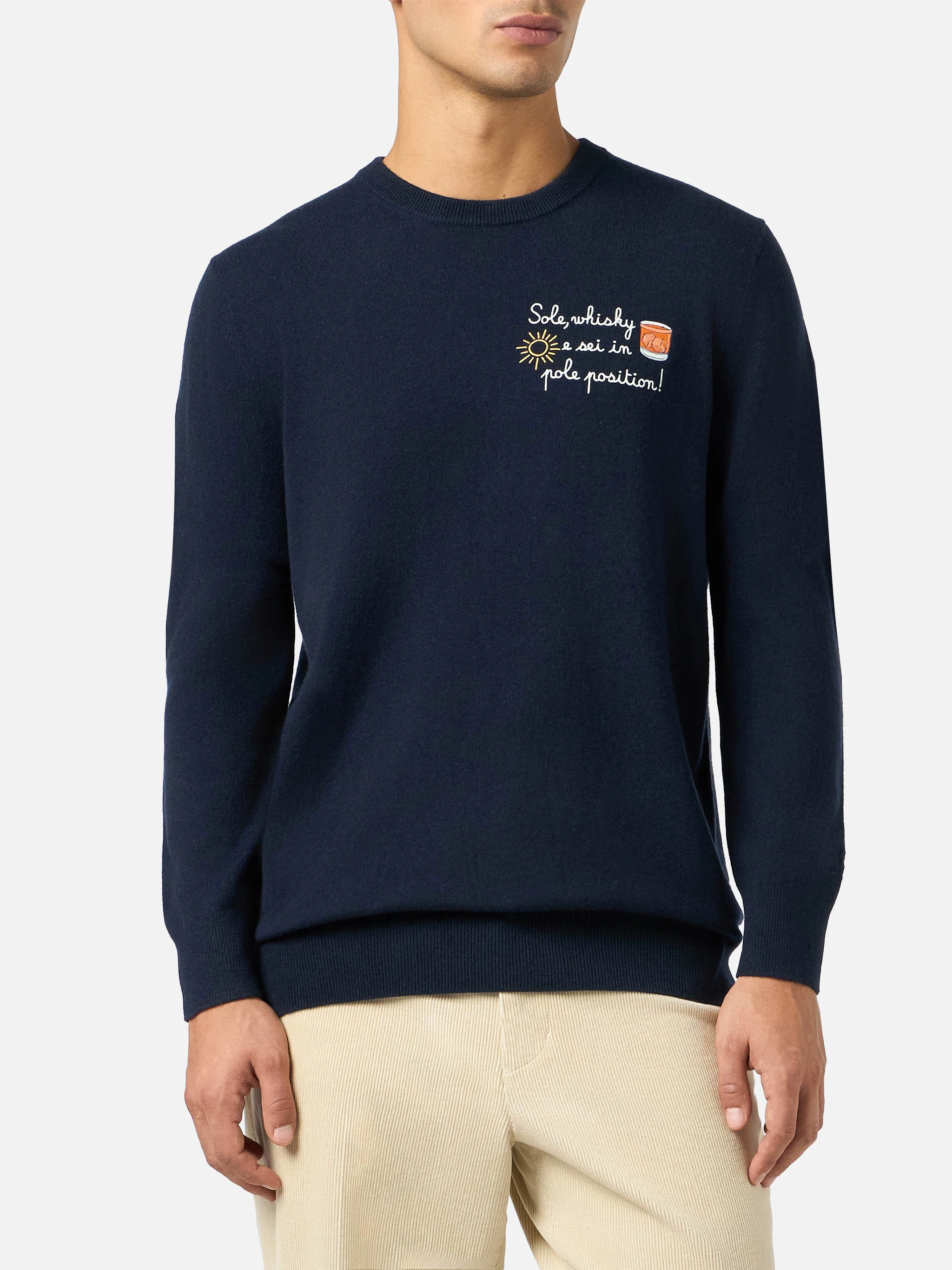 Heron Light Navy Blue Crewneck Sweater – 'Sole, Whisky e Sei in Pole Position!' Embroidery, Ribbed Hem & St. Barth Logo | VACANZE DI NATALE SPECIAL EDITION | MC2 Saint Barth