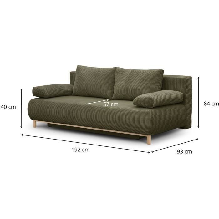 Sofá conversível de 3 lugares - MIKA - Veludo cotelê verde cáqui - Compartimento de armazenamento - L 192 x A 84 x P 93 cm