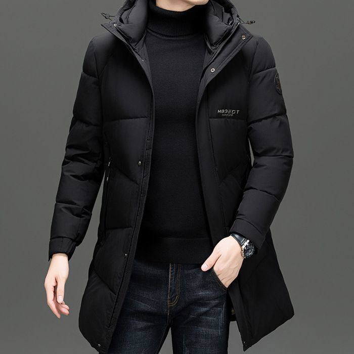 Men's Mid-Length Puffer Jacket - Black - Warm Autumn/Winter with Hood