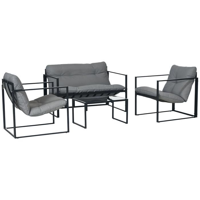 Garden furniture set - Outsunny - 4 pieces - with 2-seater sofa, 2 armchairs and 1 coffee table with 3 cushions - black steel polyester - grey