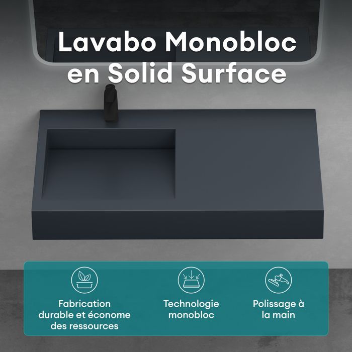 Lavatório de parede Mai & Mai, cinza fosco/preto, 75 cm, com área de armazenamento, lavatório retangular, Col11, 75 x 51 x 13 cm