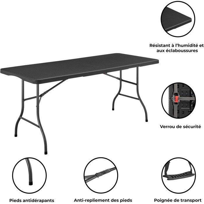 Mesa de recepción plegable - TERRANOVA - Negra - Estructura de acero y tablero de polietileno HDPE - 8 personas - 180 x 74 x 73,5 cm
